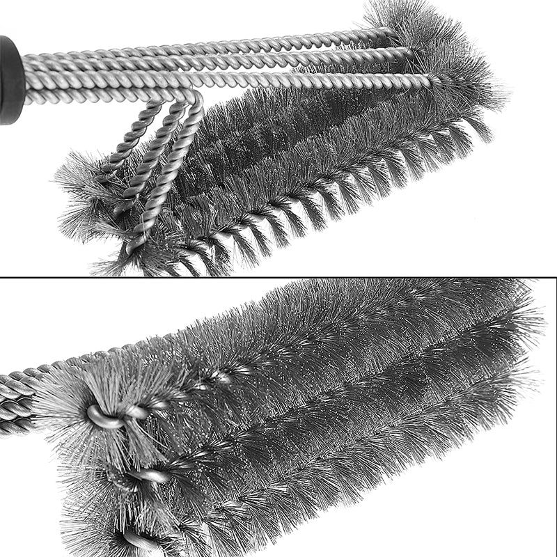 Close-up grill brush bristles: stainless steel wire with stiff dark brush fibers