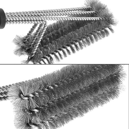 Close-up grill brush bristles: stainless steel wire with stiff dark brush fibers