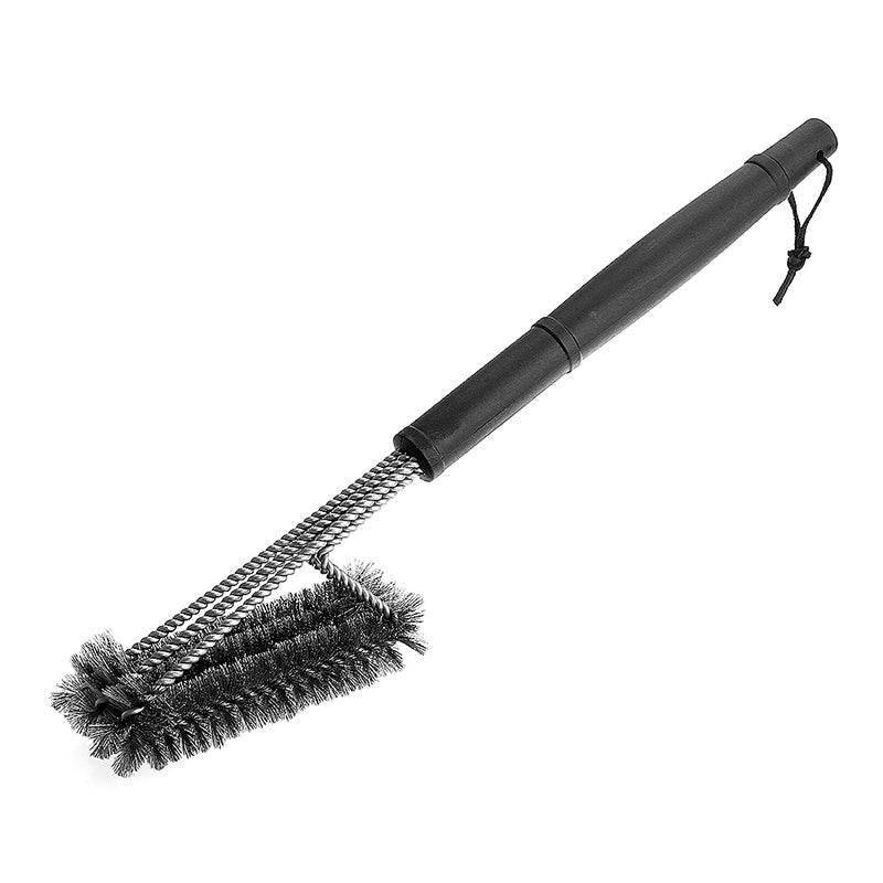 Grill brush with black handle, stainless steel bristle row, and hanging loop cord