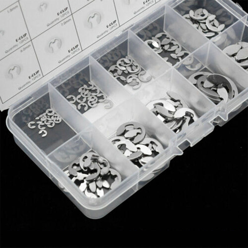 Assorted stainless steel E-clips in clear storage organizer compartments