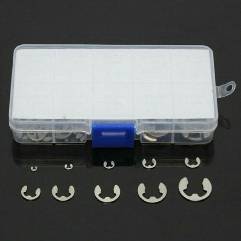 Assorted stainless steel E-clips in clear storage box with blue divider