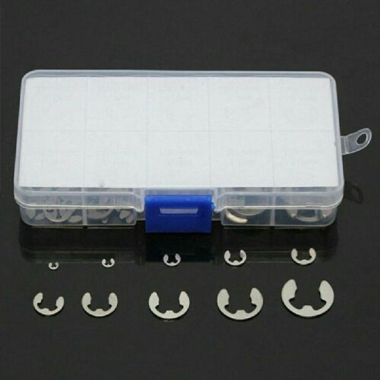 Assorted stainless steel E-clips in clear storage box with blue divider