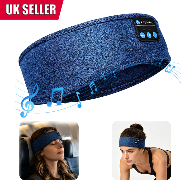 Blue sleep headband speaker band with music-note sound illustration