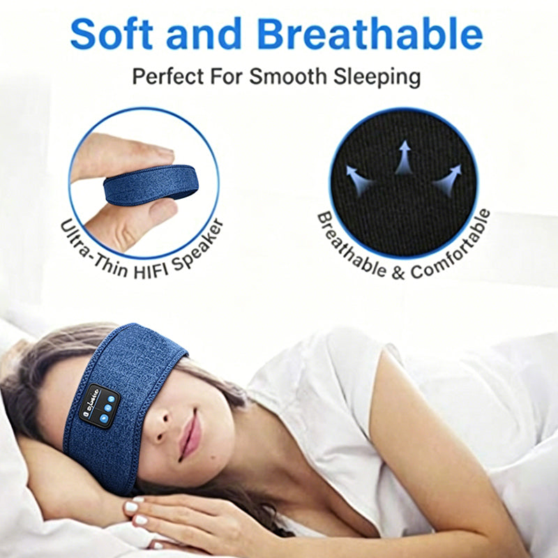 Blue sleep headband with speaker module on person lying down