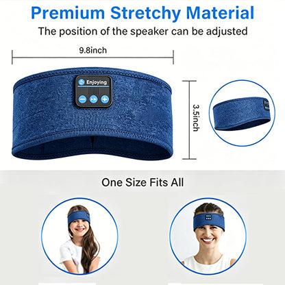 Blue adjustable sleep headband with speaker control buttons, one size