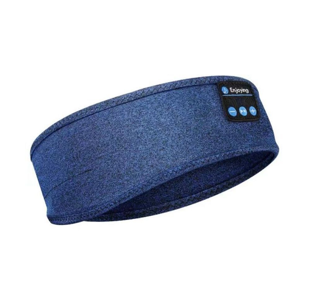 Blue fabric sleep headband with rectangular speaker control module