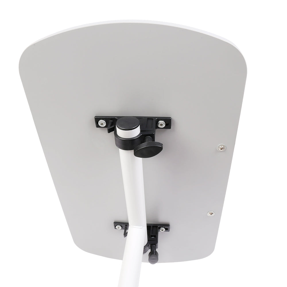 Overbed table base with adjustable knob and wheel locks, white frame underside view