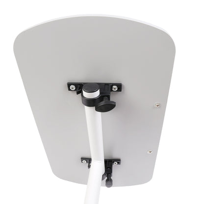 Overbed table base with adjustable knob and wheel locks, white frame underside view