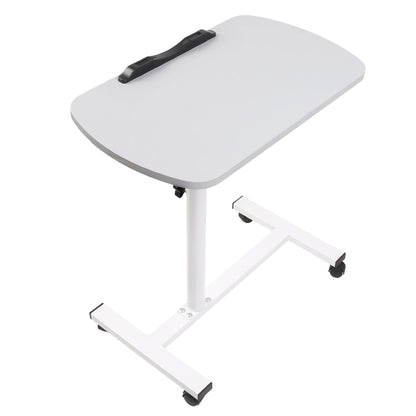 Overbed table tray on caster wheels, light grey top with black handle, angled view