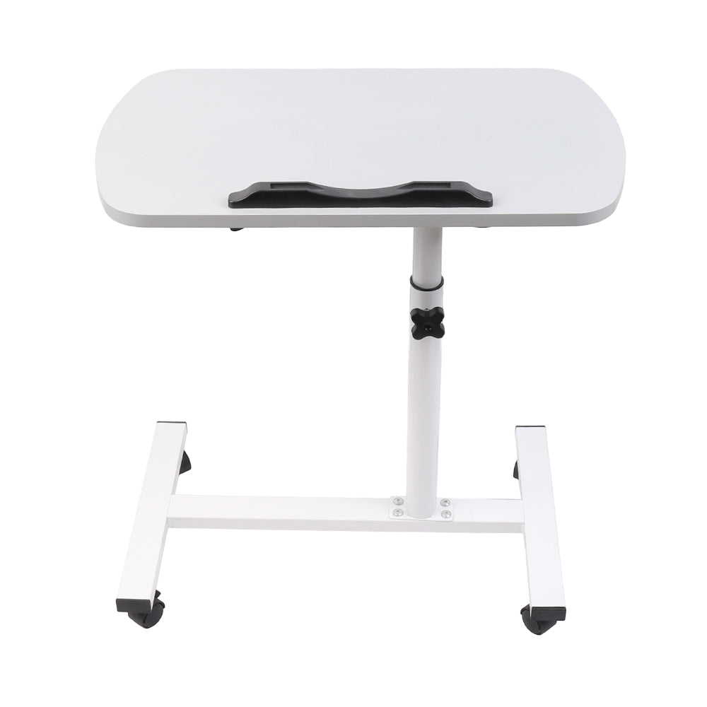 Adjustable overbed table tray with rounded light grey top and black handle, rolling base
