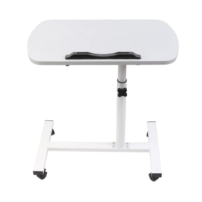 Adjustable overbed table tray with rounded light grey top and black handle, rolling base
