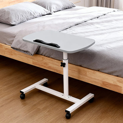 Adjustable overbed table tray, light grey top with black handle, on rolling base