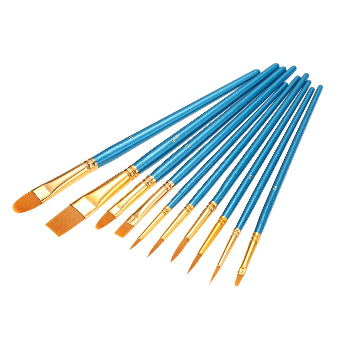 Blue face-painting brush set with gold ferrules and orange flat tips, 10pcs