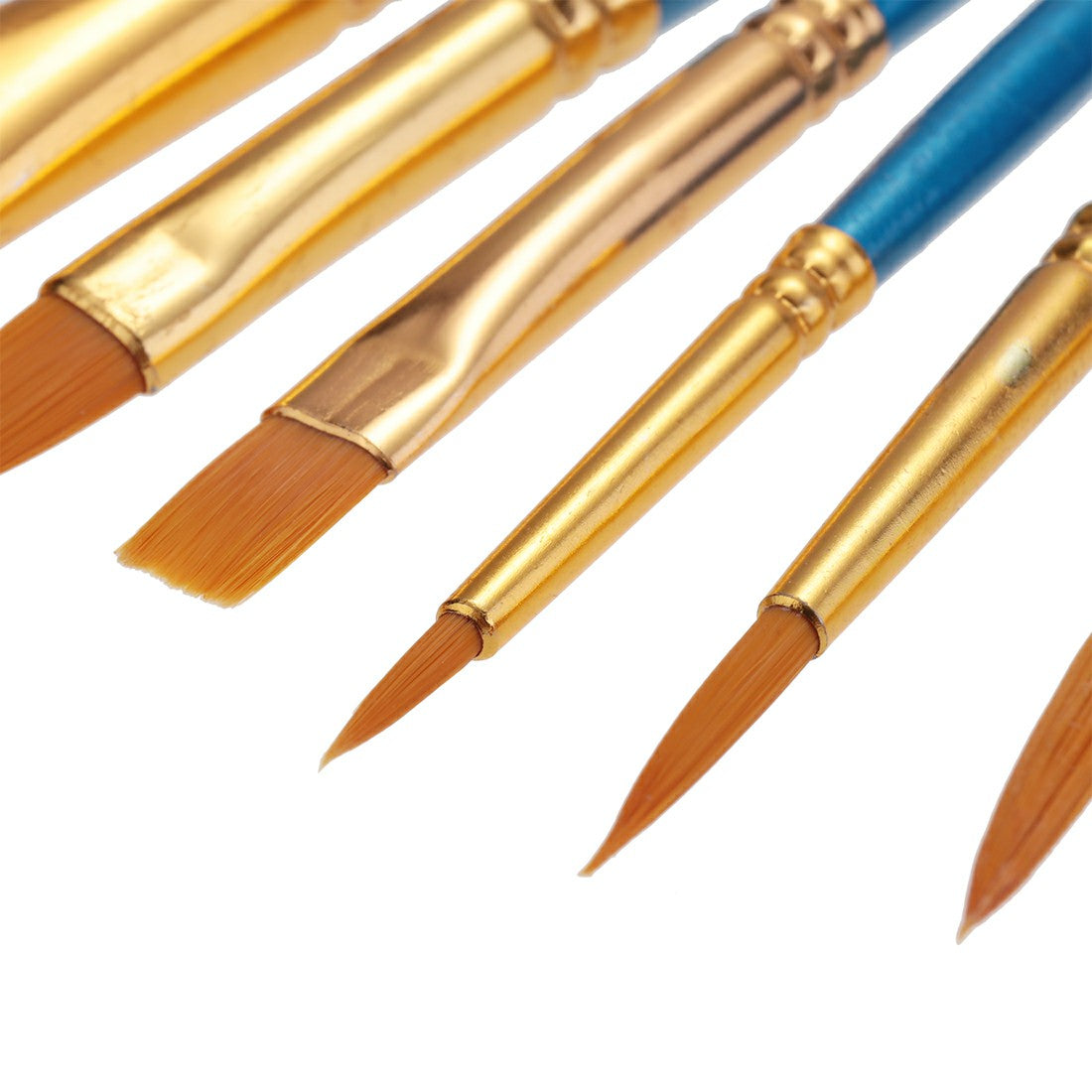 Close-up of orange brush bristles on gold ferrules with blue handles for painting
