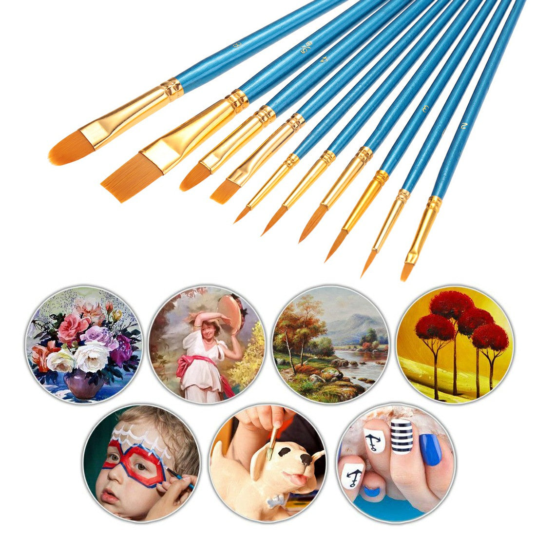 10 blue painting brushes with gold ferrules and orange bristles, ready for face art