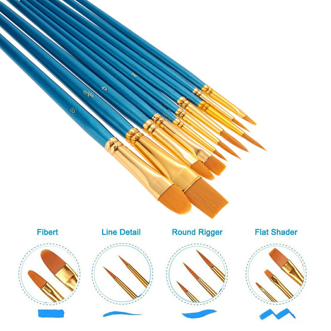 Assorted brush tips: flat shader, round rigger, and line detail, blue handles