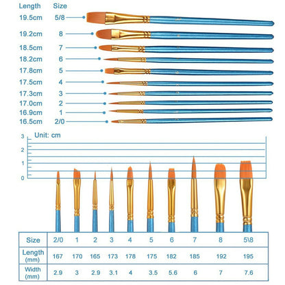 Blue-handled face painting brush set with gold ferrules and orange tips, variety sizes