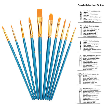 Set of blue face-painting brushes with gold ferrules and orange flat tips, 10pcs