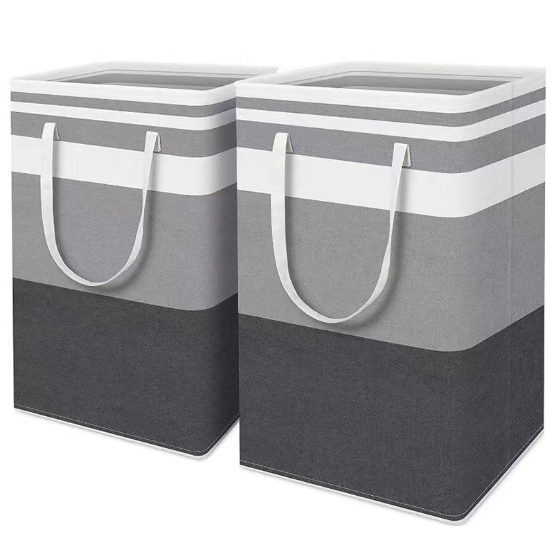 Set of two folding laundry hamper bags, grey striped sides with white top handles