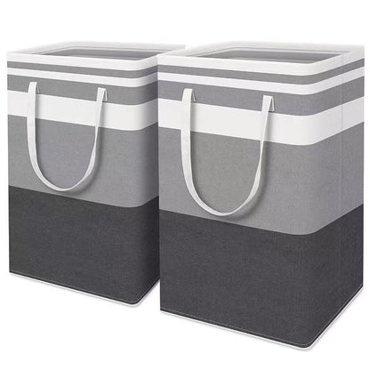 Set of two folding laundry hamper bags, grey striped sides with white top handles