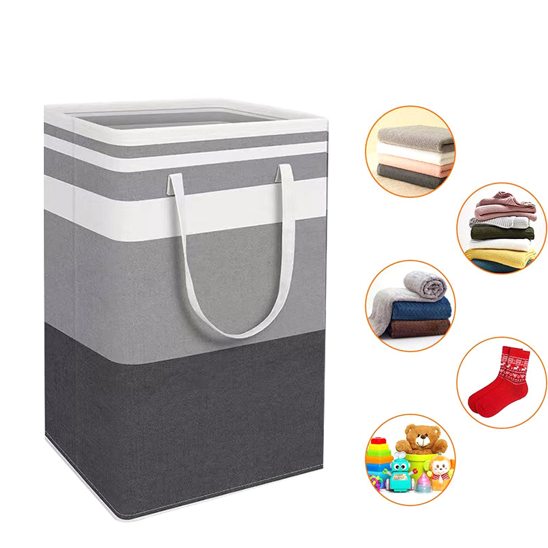 Grey folding laundry hamper bag with front handles and feature icons for storage items