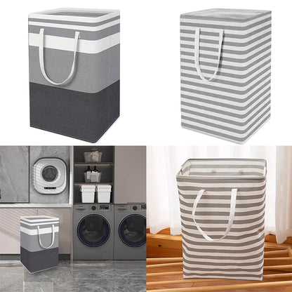 Grey striped folding laundry hamper bags with handles, shown in laundry and home storage