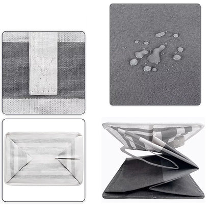 Folding laundry hamper bag in grey with dark base, fabric texture and water-resistance detail