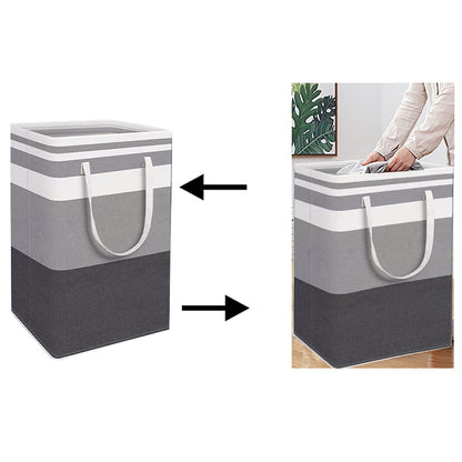 Folding laundry hamper bag showing collapsed-to-standing use with side handles