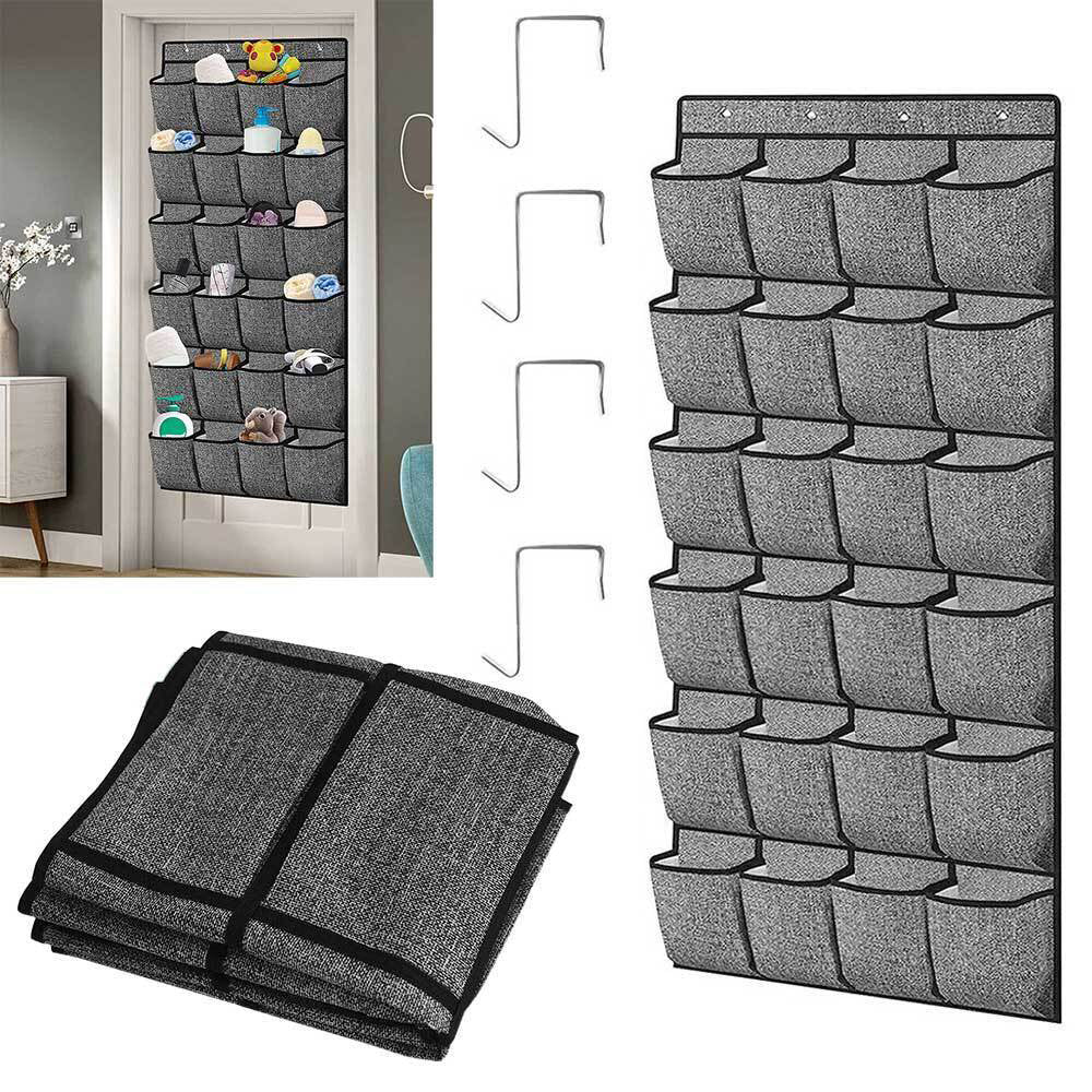 Hanging shoe organizer with gray fabric and multiple front pockets; door hooks included