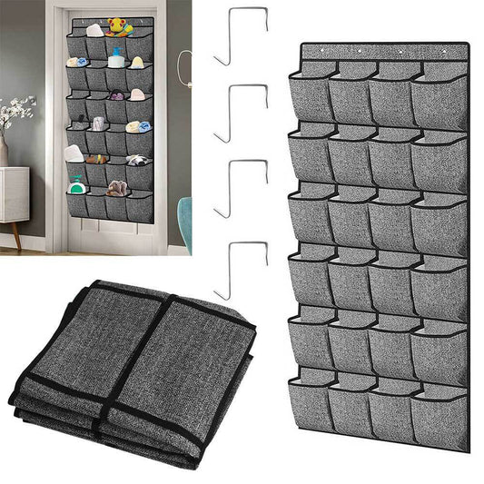 Hanging shoe organizer with gray fabric and multiple front pockets; door hooks included