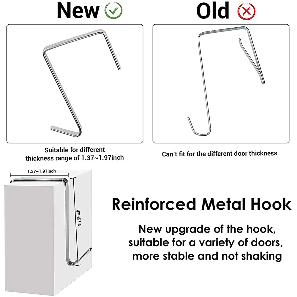 Folded hanging shoe organizer with gray fabric and stitched pocket panels; 4 metal hooks