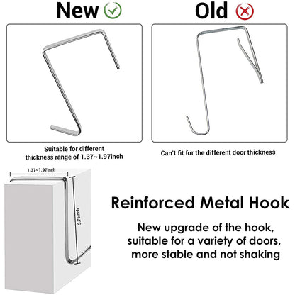 Folded hanging shoe organizer with gray fabric and stitched pocket panels; 4 metal hooks