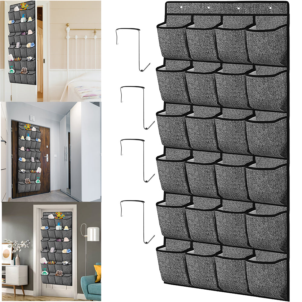 Hanging shoe organizer with gray pocket compartments and metal hooks shown on the side