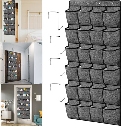 Hanging shoe organizer with gray pocket compartments and metal hooks shown on the side