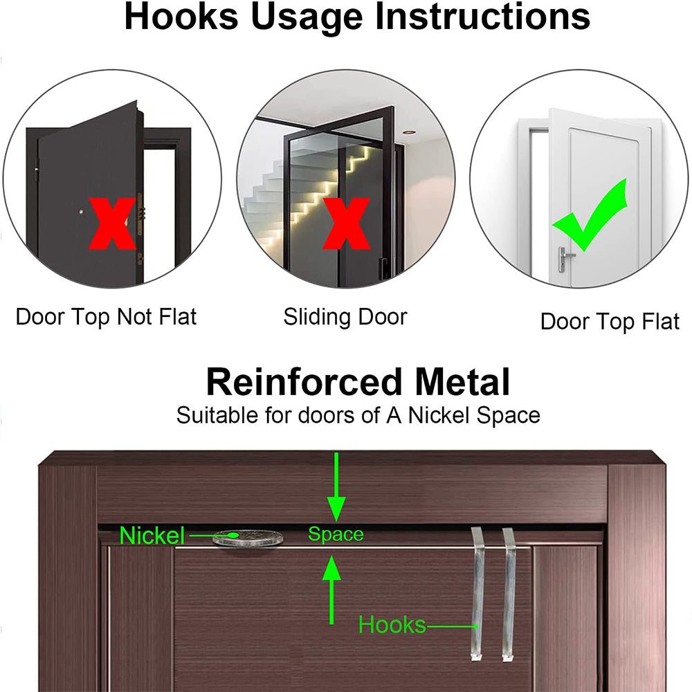 Hanging shoe organizer with reinforced metal hooks for door hanging; usage diagram