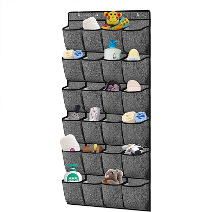 Hanging shoe organizer with gray front pockets, top opening flap, and small items inside