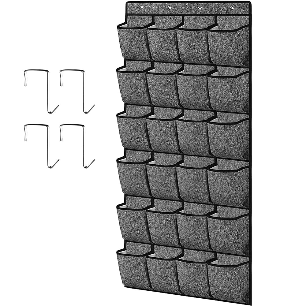 Hanging shoe organizer with gray fabric pockets and four metal door hooks on white background