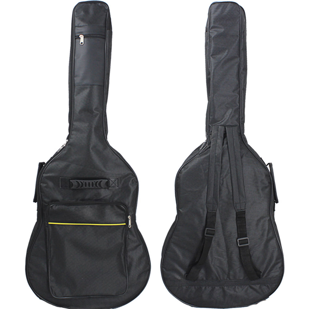 Padded full-size acoustic guitar gig bag, black, with front zip pocket and shoulder straps