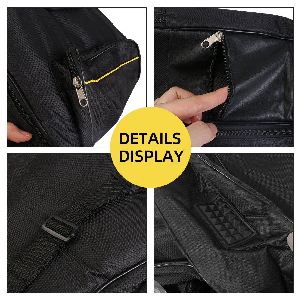 Black guitar gig bag with metal zippers, front pocket, and webbing strap detail