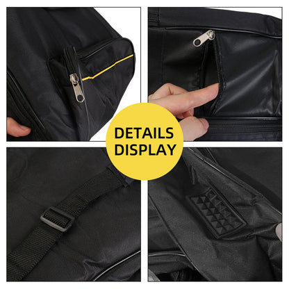 Black guitar gig bag with metal zippers, front pocket, and webbing strap detail