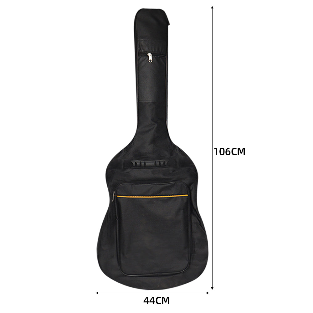 Black full-size guitar gig bag upright view with front pocket and top zipper pull