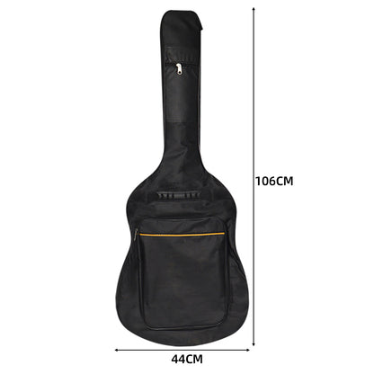 Black full-size guitar gig bag upright view with front pocket and top zipper pull
