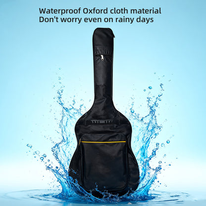 Black guitar gig bag with front storage pocket and yellow piping across the panel