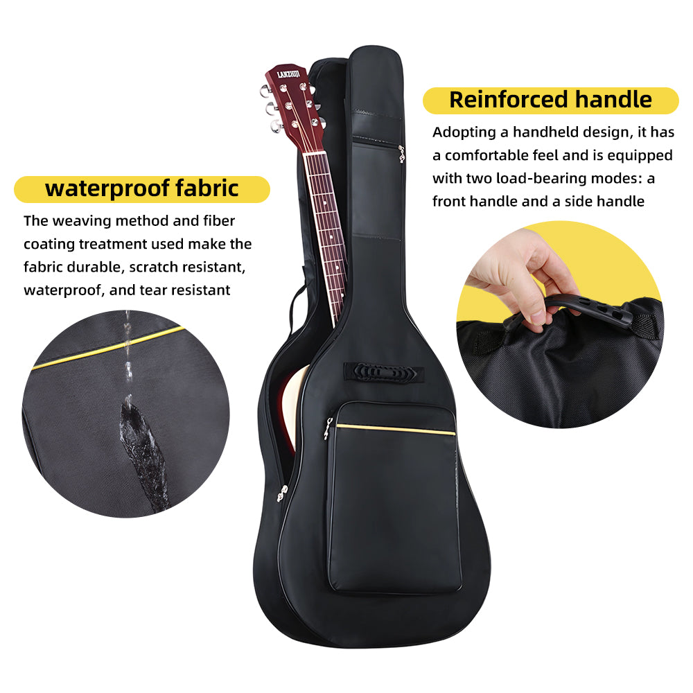 Black guitar gig bag with reinforced carry handle, side pocket, and yellow trim