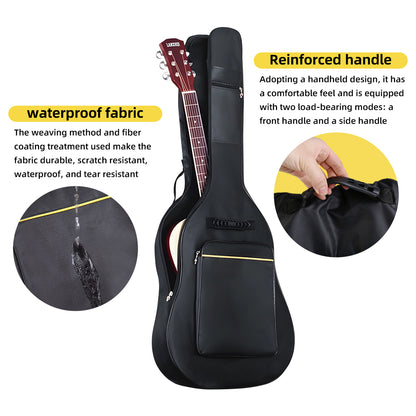 Black guitar gig bag with reinforced carry handle, side pocket, and yellow trim