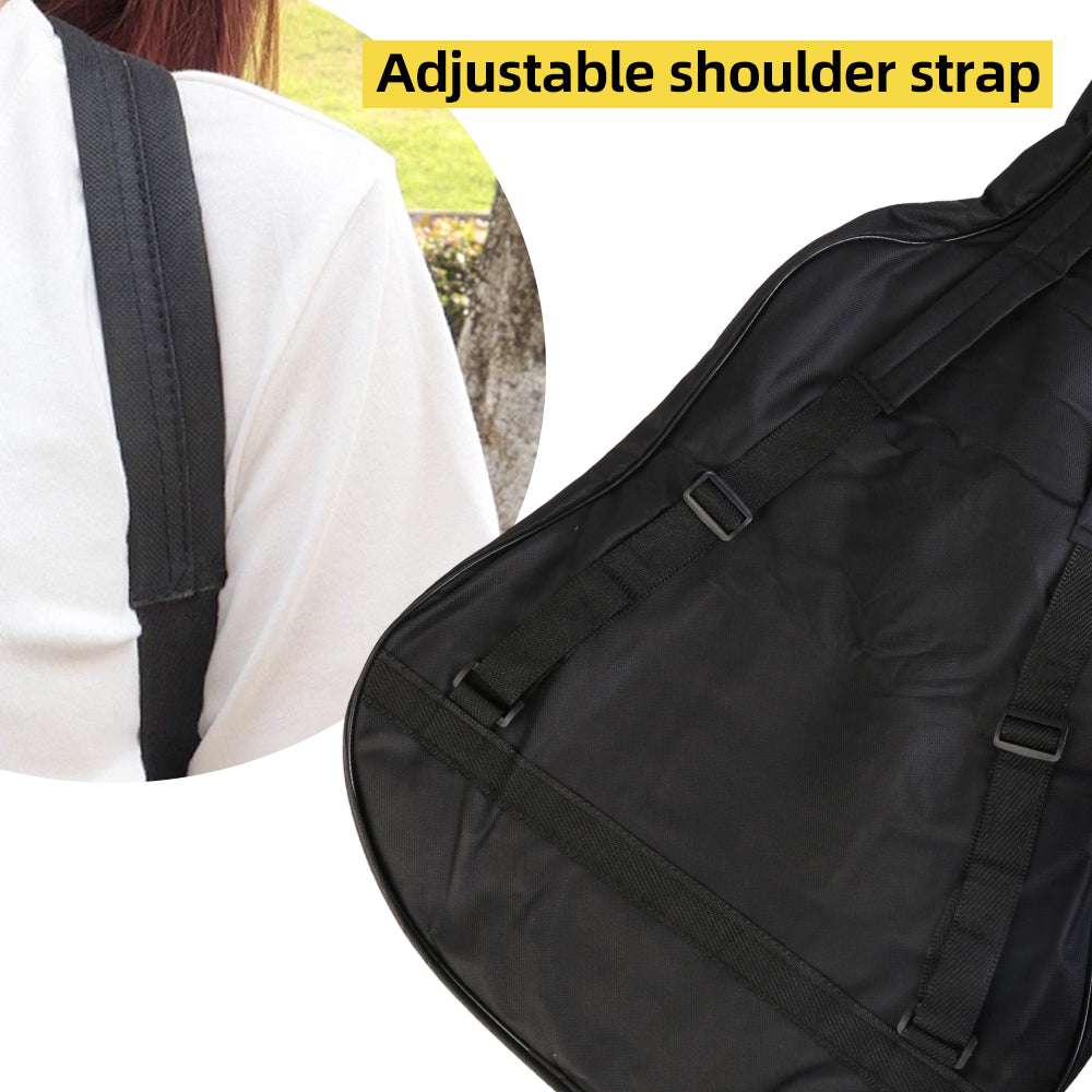 Black adjustable shoulder strap on guitar gig bag with webbing loops and buckle