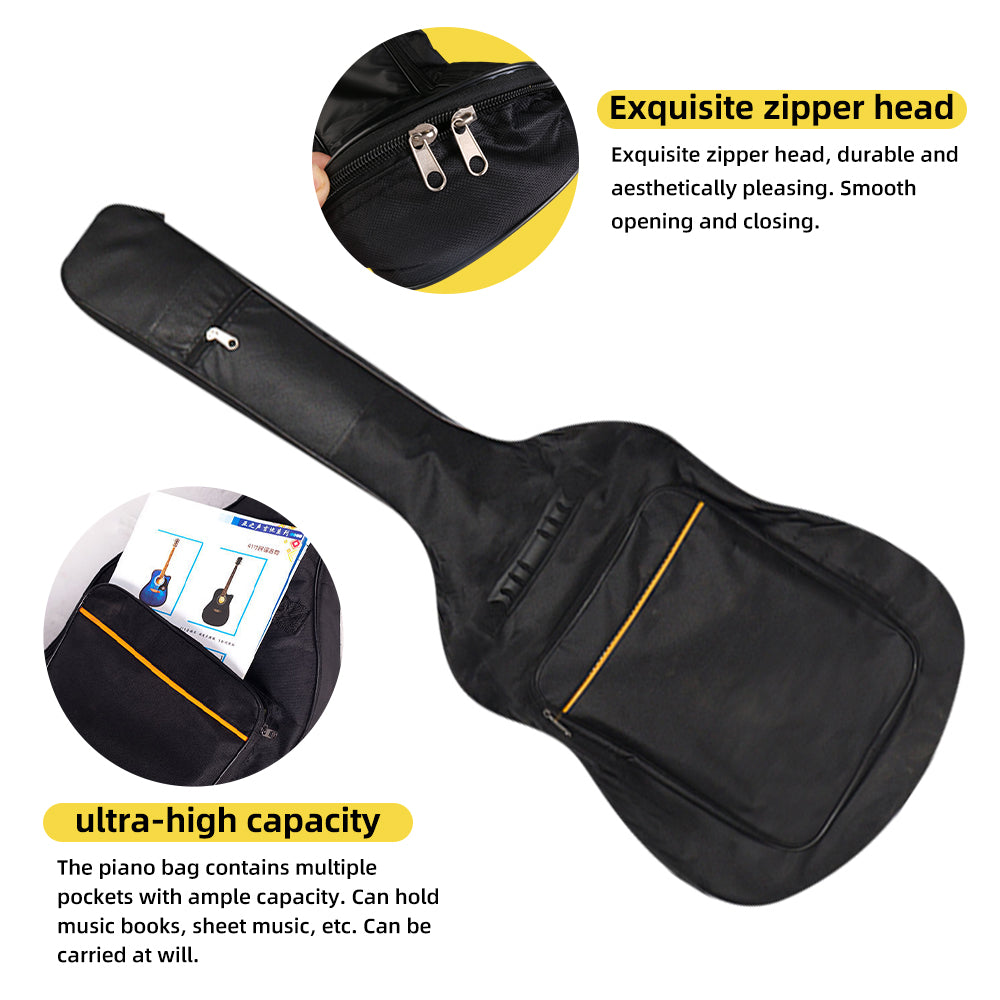 Black padded guitar gig bag with long body shape and zippered front storage pocket