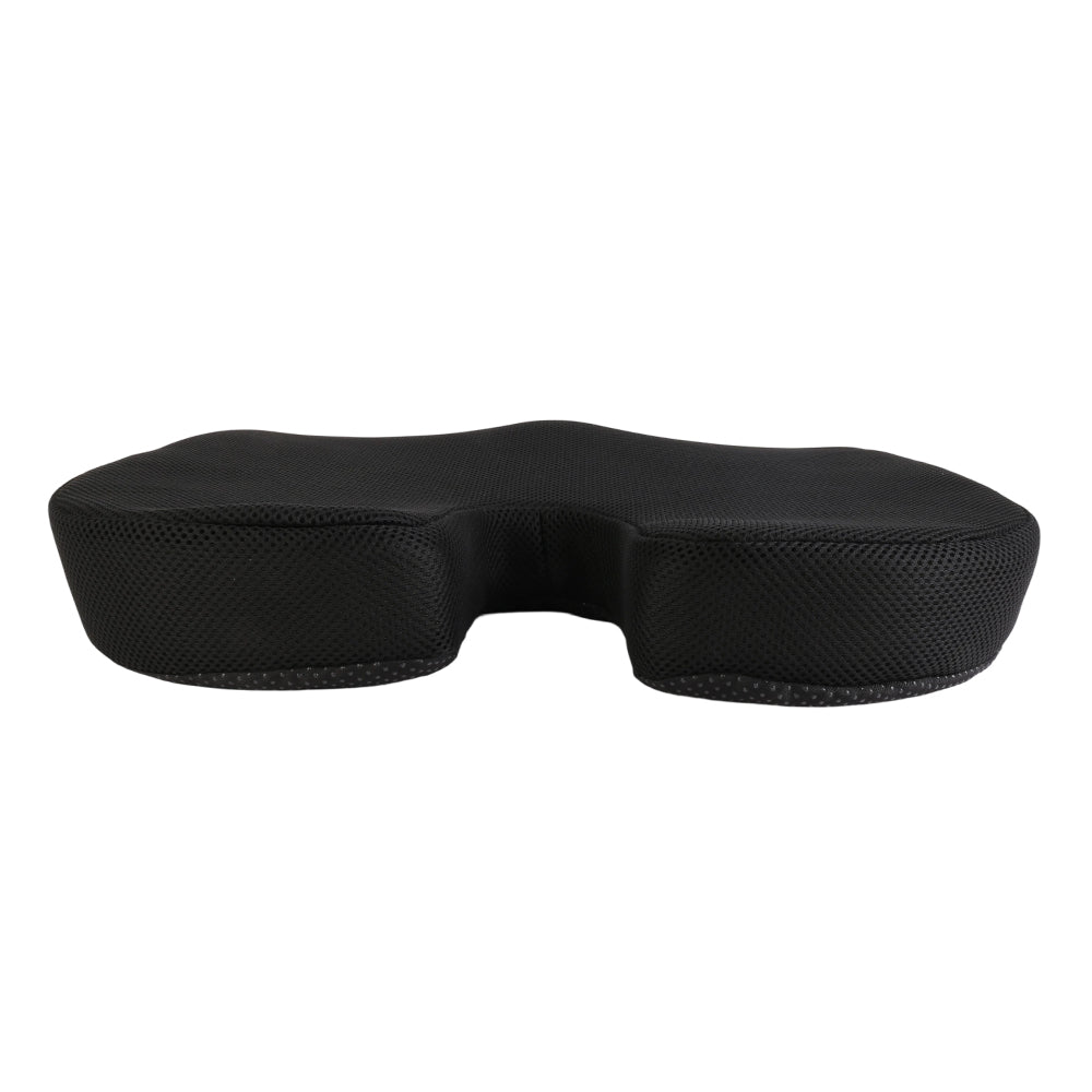Black memory foam seat cushion with coccyx cutout for contoured sitting support