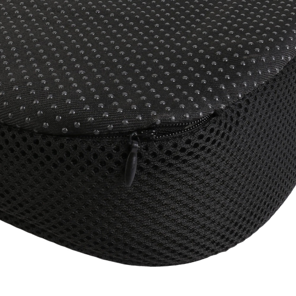 Black breathable mesh seat cushion cover with zipper seam and coccyx cutout