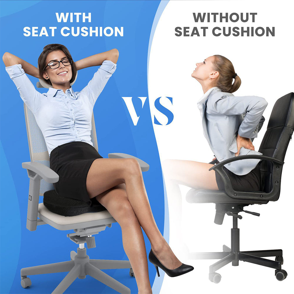 Black seat cushion placed on office chair for supportive long sitting comfort